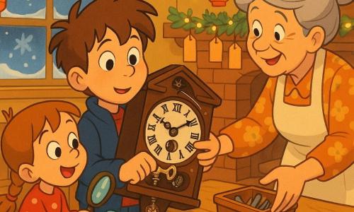 A 10-year-old boy with messy brown hair, wide bright eyes, navy jacket and jeans, holds a dark wooden antique clock to his chest and turns a small key while a playful 6-year-old sister with braided hair, wearing a red polka-dot sweater, stands on tiptoe holding a magnifying glass and a silk scarf; their grandmother with gray hair in a bun, a floral dress and cream apron, smiles and leans over the light wooden table to hand a small toolbox and touch the clock; the clock has a cream dial with black Roman numerals, a shiny brass key in the lock and a visible spring and gear; the warm family kitchen shows tools, cups and cookies on the table, paper garlands, colorful lanterns and yellow string lights, a frosted window with snow and a decorated mantel — a collective repair moment just before the holiday Eve as the boy winds the clock, the sister watches excitedly and the grandmother encourages, bathed in golden light with visible wood and fabric textures and a festive, anticipatory atmosphere.