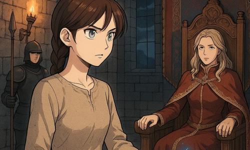 Isabeau, a determined young woman with silvery moon-bright eyes, braided brown hair and a simple linen dress, stands with her right hand on a moss-covered stone wall where a pulsing blue magical glow appears; Eleanor, a calm authoritative queen of about 45, sits on a large carved wooden throne wearing a shimmering gold-embroidered cloak with her hands on the armrests and watches Isabeau from the back of the hall; to the left of the throne a reserved 25-year-old guard in dark armor holds a vertical spear and looks toward the entrance; the scene is a medieval castle great hall with cold stone walls, rich red and blue tapestries, flickering torches casting long shadows and narrow windows showing a stormy sky — the queen summons the heroine to entrust her with a quest, tension is palpable, blue magic glints against the stone, composition centers the face-off between Isabeau and the queen, dramatic but child-appropriate, with warm torchlight contrasting the cool magical glow.