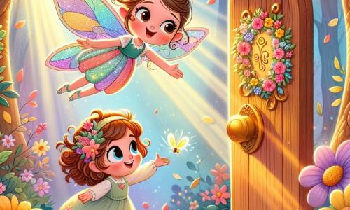 A small fairy named Lila, with shimmering rainbow-colored wings, joyfully flies above a wooden door adorned with colorful flowers. Her face radiates excitement and kindness as she reaches for a lost golden key. Next to her, Mia, an 8-year-old girl with curly brown hair, wears a light dress with floral patterns. She gazes at Lila in wonder, her eyes sparkling with curiosity, while standing in front of the magical door. The setting is an enchanted clearing surrounded by trees with multicolored leaves and flowers that seem to dance in the wind. Sunlight filters through the branches, illuminating the scene with a soft golden glow. The main situation shows Lila and Mia discovering the magical door together that leads to a fantastical world filled with joyful animals and vibrant colors, symbolizing the friendship and adventure that awaits them.