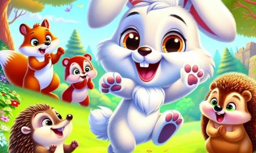 En el centro de la imagen, Rufus, un adorable conejito de grandes orejas y pelaje suave y blanco, salta alegremente con una gran sonrisa en su rostro. Sus ojos brillan de entusiasmo mientras extiende una pata hacia Ezequiel, un pequeño erizo de púas marrones y ojos redondos, que mira a Rufus con una expresión de sorpresa y felicidad, sintiéndose finalmente aceptado. Alrededor de ellos, otros animales como una ardillita de pelaje rojizo, que aplaude con entusiasmo, y un pato amarillo, que salta de alegría, añaden a la atmósfera festiva. El escenario es un parque luminoso, lleno de flores coloridas, árboles verdes y un cielo azul brillante, donde el sol brilla, creando un ambiente cálido y acogedor. La escena representa el momento mágico en que Rufus presenta a Ezequiel a sus amigos, ilustrando la importancia de la amistad y la aceptación en un entorno escolar alegre.