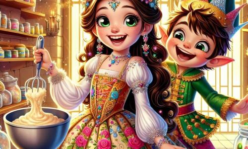 La princesa Lila, una niña de aproximadamente 8 años, tiene largos cabellos rizados y brillantes, adornados con una corona colorida. Lleva un vestido brillante con motivos de flores y purpurina que centellea. Su rostro está iluminado por una gran sonrisa, mostrando su emoción y alegría, mientras sostiene una espátula en una mano y un gran bol de masa de pastel en la otra. A su lado, Pepito, un pequeño duende travieso de unos 6 años, con orejas puntiagudas y un sombrero verde brillante, se ríe a carcajadas. Está cubierto de harina y trata de atrapar un trozo de masa que se escapa de la mesa. La escena se desarrolla en una cocina encantada, llena de utensilios coloridos, tarros de golosinas brillantes y ventanas que dejan entrar una luz dorada. Las estanterías están llenas de libros de recetas mágicas y las flores bailan al ritmo de una suave brisa. La situación principal muestra a Lila y Pepito preparando un enorme pastel mágico, pero la masa desborda por todos lados, creando un alegre desorden. Risas resuenan en el aire, mientras una nube de harina flota a su alrededor, añadiendo un toque de magia a su aventura culinaria.