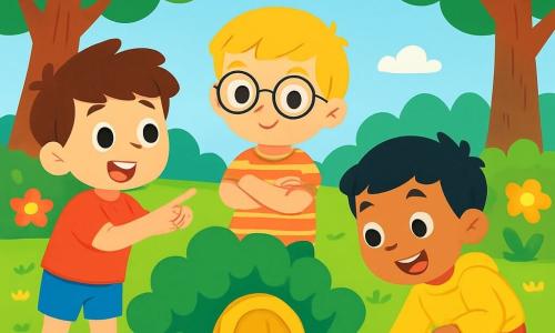 Há 3 personagens: - Lucas: um menino de 4 anos, com cabelos castanhos bagunçados e olhos brilhantes. Ele usa uma camiseta vermelha e um short azul. Ele está à esquerda, apontando para a portinha dourada. - Davi: um menino de 4 anos, com cabelos loiros e óculos redondos. Ele veste uma camisa listrada e uma calça verde. Ele está no centro, de braços cruzados, olhando para a porta com curiosidade. - Tiago: um menino de 4 anos, com cabelos negros e um grande sorriso. Ele usa um moletom amarelo e um short laranja. Ele está à direita, agachado, examinando o chão ao redor da porta. O local é um jardim encantado, cheio de flores coloridas, grandes árvores com folhas verdes brilhantes e um gramado bem cuidado. Ao fundo, um céu azul com nuvens fofas adiciona um toque de magia à cena. A situação principal mostra os três pequenos aventureiros descobrindo uma pequena porta dourada escondida atrás de um arbusto. Eles estão maravilhados e cheios de empolgação, prontos para entrar em um mundo misterioso cheio de surpresas.