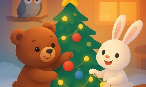 Um pequeno urso marrom chamado Bruno, com pelagem macia e fofa, decora alegremente um pinheirinho de Natal com bolas coloridas e uma estrela dourada brilhante no topo. Ao lado dele, o coelho Tito, com suas longas orelhas brancas e um sorriso radiante, ajuda segurando uma guirlanda luminosa. Ao fundo, a coruja Bia, com penas cinzas e olhos sábios, observa de um galho do pinheirinho. O chão está coberto de neve branca e brilhante, criando uma atmosfera mágica de inverno. O interior da casa de Bruno é acolhedor, com luzes suaves e biscoitos em forma de estrelas sobre uma mesa de madeira.
