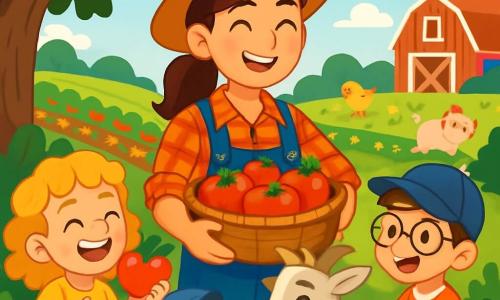 A smiling farmer, Farmer Lucy, is at the center of the image. She is a woman in her 30s with brown hair tied in a ponytail, wearing a red plaid shirt and jeans. She holds a basket filled with colorful tomatoes, with sparkling eyes and a big smile. Next to her are three children: Mia, an 8-year-old girl with curly blonde hair, laughing while holding a heart-shaped tomato; Sam, a 7-year-old boy with glasses and a cap, trying to feed a goat with a piece of carrot; and Ava, a 6-year-old girl in a floral dress, playing with a small dog that looks at them curiously. The setting is a sunny farm with green fields, rows of colorful vegetables, and a large shady oak tree where they rest. In the background, there is an old red barn and animals frolicking happily. The scene depicts Farmer Lucy and the children harvesting tomatoes together, laughing and sharing joyful moments in an idyllic farm life setting.