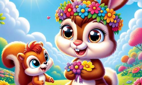 A small plush bunny, Benny, with soft brown fur, large expressive ears, and sparkling joyful eyes, wears a colorful flower crown on his head. He smiles in wonder, holding a beautiful flower crown in his little paws. Beside him, a mischievous squirrel, Sammy, with reddish fur and a bushy tail, looks at Benny with a knowing smile, his eyes shining with excitement. They are in a sunny meadow filled with vibrant flowers under a clear blue sky dotted with fluffy white clouds. The scene depicts Benny surprising his mom with the flower crown, while Mama Bunny, a gentle rabbit with affectionate eyes, stands at the entrance of their burrow, arms open, ready to receive her gift with a warm smile.