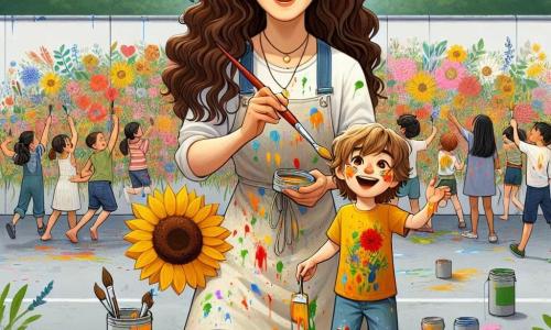 Sofia, un'artista di circa trent'anni, è al centro dell'immagine, con lunghi capelli castani ondulati e un sorriso caloroso. Indossa un grembiule colorato, macchiato di vernice, e tiene un pennello in una mano, mentre con l'altra guida un giovane ragazzo. Luca, un bambino di circa 8 anni, è accanto a lei, con gli occhi brillanti di eccitazione. Ha capelli castani disordinati e indossa una maglietta gialla vivace. Sta dipingendo un grande girasole su un muro, con macchie di vernice sulle guance. Il luogo è un grande muro grigio in un parco, circondato da vegetazione lussureggiante e fiori colorati. Bambini e adulti sono riuniti intorno, ridendo e dipingendo insieme, creando un'atmosfera gioiosa e collaborativa. La scena principale mostra Sofia e Luca mentre trasformano il muro grigio in un magnifico murale vibrante, pieno di fiori e strumenti musicali, simboleggiando l'unità e la creatività della loro comunità.