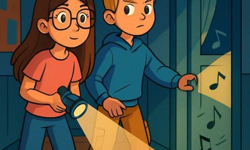 Hay 2 personajes principales: Paula, una niña de 12 años con cabello largo y castaño, gafas redondas, camiseta rosa y jeans rasgados, que sostiene una linterna pequeña lista para explorar; y Leo, un niño de 12 años con cabello corto y rubio, sudadera azul y pantalones cargo, que tiene una expresión decidida y observa a su alrededor con curiosidad. Ambos amigos están en un pasillo oscuro de la escuela, rodeados de paredes pintadas de azul claro y carteles coloridos casi invisibles en la oscuridad. La situación muestra a Paula y Leo en plena investigación, examinando su entorno con linternas, a punto de abrir la puerta del aula de música, atraídos por un extraño ruido, mientras notas musicales flotan en el aire y una ligera brisa agita las cortinas.