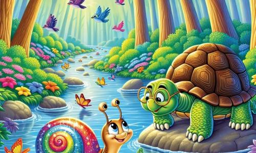 Un pequeño caracol llamado Ramón, con un caparazón brillante de colores del arcoíris, avanza lentamente pero con determinación, sus grandes ojos brillando de emoción y valentía. Junto a él, una tortuga anciana, Tula, con un caparazón rugoso y gafas redondas, sonríe amablemente mientras lo anima, de pie sobre una piedra plana al borde de un arroyo brillante. El paisaje es un hermoso bosque, con árboles majestuosos de hojas verdes brillantes, flores coloridas que bailan al viento y un arroyo de aguas cristalinas que reflejan el cielo azul. La escena principal muestra a Ramón y Tula cruzando juntos el arroyo, simbolizando la amistad y el coraje, mientras aves coloridas vuelan sobre ellos, añadiendo un toque de magia a esta aventura.