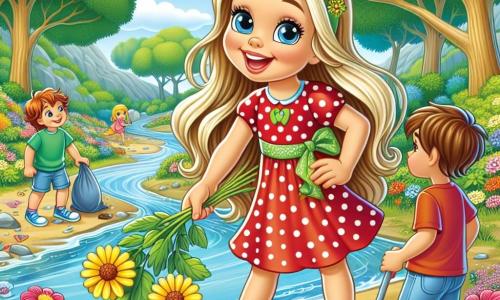 Ein 6-jähriges Mädchen, Emma, mit langen blonden Haaren und funkelnden Augen, lächelt breit, während sie eine bunte Blume in der Hand hält. Sie trägt ein rot gepunktetes Kleid und gelbe Sandalen und steht neben einem kleinen Bach. Neben ihr steht ihre beste Freundin Mia, ebenfalls 6 Jahre alt, mit geflochtenen braunen Haaren, einem grünen T-Shirt und einer Jeansshorts. Sie schaut Emma bewundernd an, die Arme verschränkt, voller Begeisterung. Etwas weiter entfernt hockt Ben, ein 6-jähriger Junge mit braunen Haaren und einem blauen T-Shirt, entschlossen und ernsthaft dabei, Müll aufzusammeln. Der Ort ist ein wunderschönes Naturschutzgebiet mit majestätischen Bäumen, leuchtend grünen Blättern, bunten Blumen, die im Wind tanzen, und einem klaren Bach, der durch die Szene fließt. Die Hauptsituation zeigt die Kinder, die die Natur reinigen, voller Freude und Stolz, während sie die Schönheit ihrer Umgebung und die Bedeutung ihres Schutzes entdecken.