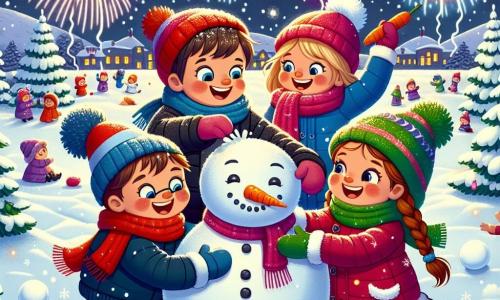 Quatro amigos felizes estão em um parque coberto de neve, cercados por flocos de neve brilhantes. Lila, uma menina de 8 anos com longos cabelos castanhos e um gorro vermelho, sorri segurando uma bola de neve. Ao lado dela, Tomás, um menino de 9 anos com óculos e um casaco azul, rola outra bola de neve para o boneco de neve. Bia, uma menina de 7 anos com tranças e um cachecol rosa, ri enquanto coloca uma cenoura no nariz do boneco. Por fim, Nino, um menino de 8 anos com cabelos loiros e um gorro verde, levanta os braços animado com os fogos de artifício que iluminam o céu. O parque está cheio de neve brilhante, com pinheiros decorados e luzes coloridas. O céu é escuro, mas os fogos de artifício explodem em cores vivas, criando uma atmosfera festiva e mágica. Os amigos celebram o Ano Novo construindo um boneco de neve e admirando os fogos de artifício, enquanto se preparam para fazer seus desejos para o próximo ano.