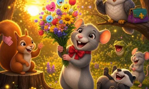 Een kleine rat genaamd Raf, verbaasd en blij, met zachte grijze vacht, roze neusje, grote glanzende ogen en een rood strikje aan zijn nek, houdt midden in een zonsondergaande open plek een groot boeket van denkbeeldige lachjes en echte bloemen; links op een stronk zit een jonge eekhoorn met een roze pleister op de staart, glimlachend en applaudisserend, en achter Raf op een lage tak zit een grijze uil met gele snavel, ronde bril en kleurrijk aktetasje die als een vriendelijke dokter lacht; verderop in een halve cirkel: een kikker die springt met een grappig gezicht, een muis die zich de buik vasthoudt van het lachen en een das die over het gras rolt; de scène toont groene grasvlakte met gele en paarse bloemen, bruine boomstammen, gouden zonnestralen, vuurvliegjes en zwevende bloemblaadjes, vrolijk feest, uitvergrote gezichtsuitdrukkingen, warme contrasterende kleuren en compositie gecentreerd op Raf met close-ups van de dierengezichten.