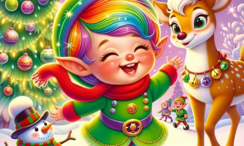Pippo, un piccolo elfo dai capelli colorati come un arcobaleno e con un grande sorriso luminoso, corre gioiosamente verso i suoi genitori. Indossa un costume verde brillante ornato di piccoli campanelli che tintinnano a ogni passo, e il suo volto esprime immensa gioia e sollievo. Accanto a lui c'è Fiocco, un grosso pupazzo di neve con un corpo rotondo e soffice, una sciarpa rossa brillante attorno al collo e un elegante cappello nero. Sorride calorosamente, con le braccia aperte come per accogliere Pippo. Stella, una bella renna dal manto marrone dorato, si trova un po' in disparte. Ha grandi occhi dolci e una campanella dorata che brilla al sole, e la sua espressione è amichevole e incoraggiante, come se fosse orgogliosa di aver aiutato Pippo. La scena si svolge sotto un enorme albero di Natale illuminato, decorato con ghirlande scintillanti e palline colorate, in mezzo a un vivace mercatino di Natale, con luci scintillanti e bambini che ridono sullo sfondo. Pippo ritrova finalmente i suoi genitori sotto l'albero, dopo essere stato perso, e corre verso di loro con felicità, circondato dai suoi nuovi amici, celebrando la magia del Natale e l'amicizia.