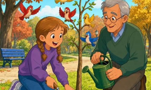 Bambina di 10 anni dai capelli castano chiaro in due trecce, viso rotondo con lentiggini, sorridente e meravigliata mentre tiene una piccola paletta di metallo e sistema la terra attorno a un giovane albero; nonno di circa 65 anni, capelli grigi corti e occhiali tondi, sorriso dolce, inginocchiato accanto a lei con un annaffiatoio verde, entrambi felici e orgogliosi; piccoli uccellini colorati (rosso, blu, giallo) volano e si posano sui rami bassi; parco luminoso con prato verde, vialetto ghiaioso, panchina blu, alberi maturi con foglie autunnali arancioni e dorate e cielo azzurro tenue; scena centrale in stile cartone animato anni '90, colori saturi, contorni netti, vista all'altezza dei bambini che trasmette gioia e speranza.