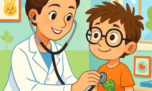 La doctora Lucía es una mujer sonriente, que lleva una bata blanca impecable, con el cabello castaño recogido en un moño. Sus ojos brillan de determinación y bondad mientras escucha el corazón de un niño. Matías, un niño de 8 años con grandes gafas y el cabello despeinado, está sentado en la mesa de examen, sosteniendo un pequeño dinosaurio de plástico, mostrando una sonrisa tímida pero segura. El entorno es un consultorio médico luminoso, con paredes pintadas de azul y verde, decoradas con dibujos de animales sonrientes. Una gran ventana deja entrar la luz del sol, iluminando una pequeña mesa con libros de cuentos y una bonita acuarela de un pez naranja nadando en una burbuja. La escena principal muestra a Lucía examinando a Matías con un estetoscopio, mientras él escucha el latido de su corazón, creando un momento de complicidad y confianza entre ellos.