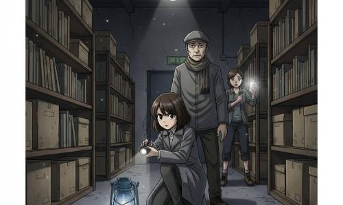 Chica detective: mujer joven de cabello castaño oscuro a la altura de la mandíbula, abrigo largo gris, mirada concentrada y decidida, sostiene una pequeña linterna encendida y examina una plataforma baja con ruedas; postura de investigadora, ligera flexión de rodilla, estilo manga claro y dinámico. Hombre sospechoso: hombre de unos 50 años con gorra gris y bufanda, rostro cansado pero tenso, manos vacías delante de él, de pie junto a las estanterías, mirada culpable y melancólica cerca de la plataforma. Testigo: mujer de unos 20 años, barista, pelo recogido, expresión preocupada, de pie junto a la puerta trasera con las manos apretadas sobre el pecho. Colega: mujer de unos 40 años, responsable del edificio, de aspecto firme, ropa de trabajo, teléfono con luz de alerta, en la entrada del pasillo lista para intervenir. Lugar: almacén oscuro y polvoriento de biblioteca con estanterías altas de madera, cajas apiladas, suelo de hormigón con marcas de ruedas y una bombilla desnuda que oscila proyectando sombras largas; polvo visible en los rayos de luz. Objetos clave: vieja lámpara de vidrio azul sobre una plataforma baja con ruedas de goma negra, llave caída en el suelo, pequeño cilindro de latón parcialmente visible, cinta adhesiva negra en la plataforma. Situación: tensa confrontación entre los pasillos, iluminación dramática de bombilla parpadeante y linterna creando reflejos y sombras, suspensión visual sin violencia, composición centrada en la detective, la plataforma y la lámpara azul.