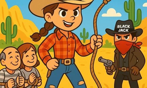 Una giovane cowgirl, Sofia, è al centro dell'immagine, con i capelli castani raccolti in una treccia e un grande sorriso determinato sul volto. Indossa un cappello da cowboy beige, una camicia a quadri rossi e jeans usurati, mentre tiene un lasso in mano. Accanto a lei, un gruppo di prigionieri, uomini e donne di mezza età, con espressioni di gratitudine, si stanno liberando dalle corde che li legano. Sullo sfondo, un vasto paesaggio del Far West si estende, con colline dorate, cactus verdi e un cielo blu brillante punteggiato di nuvole bianche. La scena principale mostra Sofia che, con coraggio e determinazione, si prepara ad affrontare il bandito Black Jack, che si trova a distanza con uno sguardo minaccioso, pronto a difendere i suoi compagni.