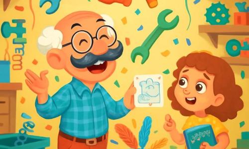 Don Jacinto, un hombre de unos 50 años con un gran bigote rizado y gafas redondas, está haciendo malabares con herramientas coloridas en su taller. Su rostro expresa una alegría desbordante, con ojos brillantes y una amplia sonrisa. Lleva una camisa de cuadros azules y pantalones rojos, y está rodeado de confeti que flota en el aire. A su lado, una niña de 8 años con cabello rizado y un vestido amarillo con lunares observa con asombro. Sostiene un gran libro de inventos y señala un plano dibujado en una servilleta. El taller de Don Jacinto es un lugar caótico y colorido, lleno de extrañas máquinas, resortes que sobresalen de los cajones y globos colgados del techo. La escena principal muestra a Don Jacinto probando su nueva máquina de cosquillas, una gran caja decorada con colores vivos y botones parpadeantes. Risas resuenan mientras una lluvia de plumas coloridas sale de la máquina, llenando el taller de una atmósfera alegre y lúdica.
