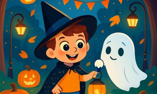 Un ragazzo di 6 anni, di nome Luca, indossa un grande cappello a punta nero e un mantello scintillante. Ha grandi occhi brillanti di curiosità e un sorriso gioioso. Si trova al centro di un parco illuminato da lanterne a forma di zucca, circondato da foglie dorate che cadono dolcemente. Accanto a lui, un piccolo fantasma di nome Lino, con un volto amichevole e occhi tristi, fluttua leggermente sopra il suolo, tenendo una lanterna arancione che illumina il suo sorriso timido. Il parco è decorato con zucche sorridenti, ghirlande di luce e grandi alberi dalle branche contorte, creando un'atmosfera magica e misteriosa. La luna brilla alta nel cielo, proiettando una dolce luce argentata sulla scena. Luca e Lino stanno cercando il peluche perso di Lino, circondati da risate e gioia, mentre altri bambini in costume ballano e cantano intorno a loro, creando un'atmosfera festosa e calorosa.