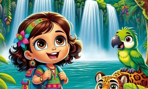 A 6-year-old girl named Lily stands at the edge of a beautiful waterfall in the Borneo jungle. She has sparkling brown eyes and curly brown hair that falls on her shoulders. Dressed in a colorful flower-patterned dress and a small backpack, she smiles in wonder at the sight before her. Beside her, a small green parrot named Polly, with bright feathers and a mischievous look, joyfully flies around her, encouraging Lily to explore further. A friendly leopard named Leo, with golden fur dotted with black spots, lazily stretches on a branch, watching the two friends with a kind smile. The setting is a lush jungle filled with tall trees, colorful flowers, and hanging vines. The waterfall sparkles in the sunlight, creating a rainbow in the misty air. Full of curiosity and excitement, Lily is about to discover a secret path behind the waterfall, hoping to find a magical treasure.