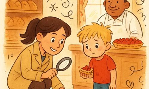 Lotte, een glimlachende, zelfverzekerde vrouwelijke detective met bruin paardenstaart, hurkend en met een vergrootglas, legt vriendelijk aan Tim (ongeveer 8) uit, een beschaamd blond jongetje met rode wangen dat een stuk aardbeientaart vasthoudt en vlekken op handen en schoenen heeft; achter de toonbank staat de vriendelijke, forse bakker meneer Jan (ca. 45) met wit bloemig schort en een onaangeroerde grote aardbeientaart; warme, gezellige bakkerijinterieur met houten etalage en schappen vol goudbruin brood, ochtendlicht, kruimelspoor op de tegelvloer en een sfeer van vergeving en tederheid, warme kleuren en kleine hartjes- en kruimeldoodles.
