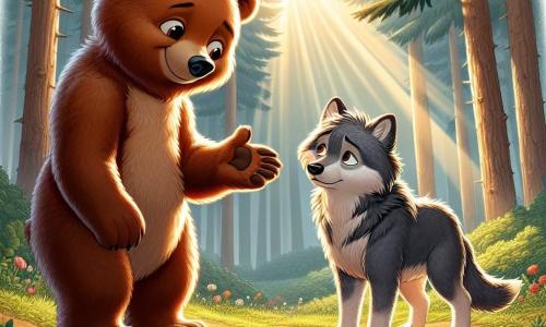 Un giovane orso bruno, con un pelame morbido e occhi scintillanti di curiosità, si trova al centro di una radura soleggiata, mostrando un sorriso caloroso e accogliente. Tende la zampa verso un nuovo compagno, pronto a includerlo nel suo gruppo di amici. Alla sua destra, un giovane lupo grigio, con un pelame setoso e occhi tristi ma pieni di speranza, osserva la scena con una leggera esitazione, un po' in disparte ma pronto a fare un passo avanti. La radura è circondata da alberi maestosi con foglie verdi brillanti e il terreno è cosparso di fiori colorati che danzano dolcemente sotto la brezza. Un raggio di sole filtra tra i rami, illuminando la scena con una luce dorata. La situazione principale mostra l'orso che invita il lupo a unirsi a lui e ai suoi amici, simboleggiando l'accettazione e l'amicizia oltre le differenze, in un momento di connessione e comprensione.