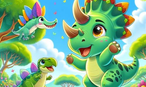Wesoły triceratops o imieniu Trixie, z jaskrawozieloną skórą i trzema majestatycznymi rozetami na głowie, skacze z radości na słonecznej polanie, jego oczy błyszczą ciekawością i ekscytacją. Obok niego mały stegozaur o imieniu Stegi, z kolorowymi płytkami na grzbiecie i przyjaznym uśmiechem, tańczy, obracając się wokół, podczas gdy pterodaktyl o imieniu Ptero, z dużymi rozpostartymi skrzydłami i jaskrawoniebieskim upierzeniem, lata nad nimi, śmiejąc się. Scena rozgrywa się w bujnej dżungli, pełnej wysokich drzew o grubych pniach, kolorowych kwiatów i wirujących motyli, pod niebieskim niebem z puszystymi białymi chmurami. Trixie i jej przyjaciele bawią się razem, odkrywając piękno otoczenia i celebrując swoją przyjaźń w radosnej i pełnej życia atmosferze.