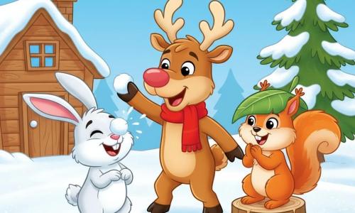 Rudy, a playful smiling reindeer with a light brown muzzle and soft rounded antlers wearing a small red scarf, delights as he tosses a snowball that gently hits a friend's nose; Benny, a white goofy rabbit with large pink ears, stands left of Rudy, laughing with squinted eyes and the snowball on his nose; Sally, a mischievous red squirrel wearing a leaf as a hat, perches on a stump to the right, clapping and watching. Scene: a snowy yard in front of a wooden cottage, sparkling snow on the ground, green firs laden with snow and a pale blue sky. Main situation: a sweet, playful snowball fight with joyful expressions, snow bursting into small white flecks and a warm, safe atmosphere.