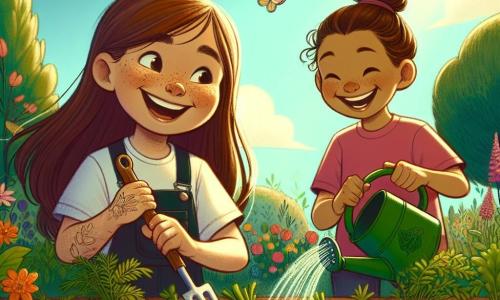 A 10-year-old girl, Sophie, with long brown hair and freckles on her nose, smiles happily while holding a small spade in one hand, her hands covered in dirt as she weeds around carrots in a sunny garden. Next to her, her best friend Lily, also 10, with blonde hair in a bun and a pink t-shirt, waters the plants with a green watering can, laughing and sharing a moment of camaraderie. The garden is vibrant, filled with rows of colorful vegetables, bright flowers, and butterflies flying around, under a clear blue sky dotted with a few white clouds. The scene captures the energy and joy of summer, with children having fun helping nature and learning together.
