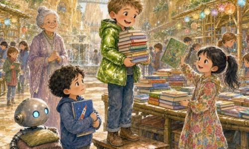 An enthusiastic 8-year-old boy, Milo, with light brown crew-cut hair and a shiny green jacket, smiles as he climbs onto a small bench holding a stack of colorful books; to his right, 7-year-old Lira, playful with black ponytail and a floral dress, waves a green illustrated book; in front of the table, worried-then-relieved 6-year-old Ezra, with curly black hair, clutches a blue book with a rocket; behind the crowd stands the kindly 60-year-old mayor with silver hair in a bun, hands clasped; a small round helper robot with a matte metal body and blue glowing eyes carries cushions and solar lamps to the left; the scene is a lively book-swapping market set in a large plaza carved from golden rock with planted roofs and hanging glass walkways, smooth stone benches, bamboo stalls, colorful lanterns, a central round fountain, and a banner reading 