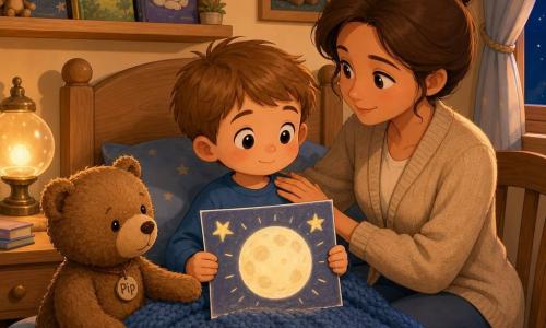 A 4-year-old boy with a round face, rosy cheeks, light brown hair and calm large eyes sits in bed under a blue knit blanket holding a paper with a painted pale moon and three stars, looking sleepy and serene; his mother (about 30–35, brown hair in a bun, fair skin) sits on a chair to his right, smiling gently and resting a hand on his chest, and a small worn brown teddy bear named Pip sits to his left watching the picture; the small warm bedroom has cream walls, a light wood shelf with illustrated books, a soft-glass bedside lamp casting golden light and a sheer curtain revealing a strip of midnight blue sky, with soft shadows, visible textures and a pastel, luminous palette evoking a peaceful bedtime.