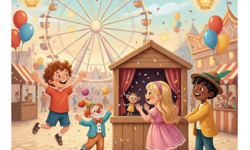 Three children at a colorful carnival square: a 6-year-old boy with curly brown hair, wearing a red T-shirt and blue shorts, jumps left with arms raised toward a sparkling Ferris wheel; a 5-year-old girl with long blonde hair and a glittery headband in a shiny pink dress stands center, watching and clapping at a puppet show; a 6-year-old boy with short black hair, a hat with a green feather and a yellow jacket stands right holding the girl's hand and pointing at a juggling clown. The scene features light-colored cobblestones, striped wooden stalls, multicolored bunting, red, blue and yellow balloons, a lit Ferris wheel and hanging lanterns in a pastel evening sky; confetti falls as the children watch a puppet performance on a small wooden stage while a clown juggles red and yellow balls and warm lantern light bathes the scene.