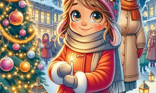 Ein 8-jähriges Mädchen, Mira, mit großen, funkelnden Augen und einem strahlenden Lächeln steht vor einem großen Weihnachtsbaum, der mit glitzernden Girlanden und bunten Kugeln geschmückt ist. Sie trägt einen leuchtend roten Mantel, einen weichen Wollschal und eine Strickmütze, ihre Wangen sind durch die Kälte und die Aufregung gerötet. Neben ihr steht eine ältere Frau, ihre Großmutter, mit silbernen Haaren und runden Brillen, die liebevoll lächelt und eine kleine angezündete Kerze hält. Sie trägt einen beigen Wollpullover und einen langen Rock und steht leicht im Hintergrund, stolz auf Mira schauend. Der Ort ist ein verschneiter Platz, beleuchtet von goldenen Laternen, mit sanft fallenden Schneeflocken vom sternenklaren Himmel. Holzhäuser mit schneebedeckten Dächern umgeben den Platz und schaffen eine warme, festliche Atmosphäre. Mira, voller Freude, zündet eine kleine Kerze an und teilt ihr Licht mit den anderen, während Kinder und Erwachsene, die sich um sie versammeln, aufmerksam ihrer Geschichte lauschen und einen magischen, warmen Moment unter dem sternenklaren Himmel schaffen.