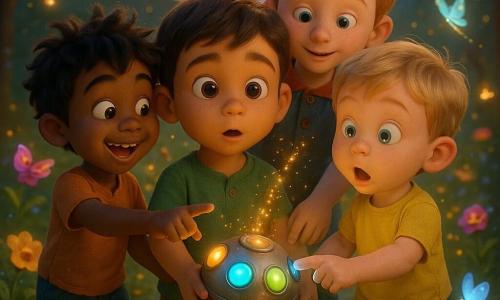 Há quatro meninos de cerca de 3 anos: Léo, cabelos castanhos curtos, segura a mão de Tom e observa com admiração a caixa redonda; Rui, cabelos pretos, à esquerda aponta um botão amarelo sorrindo; Tom, loiro, está à direita de Léo e pressiona um botão azul surpreso por um brilho; Beto, ruivo, atrás, toca a caixa e segura a mão de Léo. Eles estão num pequeno jardim transformado em parque mágico — relva molhada, poças brilhantes, duas pequenas luas rosas no céu, flores coloridas, maçãs translúcidas flutuantes e borboletas luminosas — e no centro há um relógio de madeira no chão; a caixa metálica redonda, do tamanho de um balão, tem botões coloridos (azul, amarelo, verde) brilhantes e luzes intermitentes, de onde saem faíscas douradas enquanto o jardim muda, mostrando o momento em que viajam no tempo.