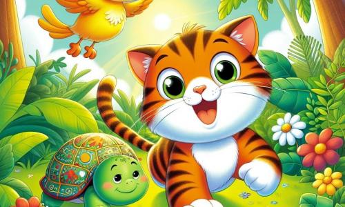 Um gato travesso chamado Miau, com pelagem listrada laranja e olhos brilhantes de curiosidade, corre alegremente por uma selva colorida, com um grande sorriso no rosto. Ao seu lado, um pequeno pássaro amarelo com penas brilhantes voa cantando, flutuando levemente acima de Miau, enquanto uma tartaruga verde com uma carapaça adornada de padrões coloridos avança lentamente, mas com determinação, no chão, olhando para Miau com um ar amigável. A cena acontece em uma selva exuberante, cheia de grandes folhas verdes, flores vibrantes e árvores majestosas, onde a luz do sol filtra através da folhagem, criando sombras dançantes no chão. Miau, o pássaro e a tartaruga se preparam juntos para uma competição de corrida amigável, cada um demonstrando seu entusiasmo e determinação em se divertir, enquanto outros animais os observam com curiosidade e alegria.