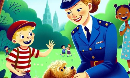 Eine lächelnde Polizistin, Anna, steht im Mittelpunkt des Bildes. Sie ist eine Frau in ihren Dreißigern mit braunen, hochgesteckten Haaren und trägt eine leuchtend blaue Uniform. Ihr Gesicht strahlt Entschlossenheit und Freundlichkeit aus, während sie sich hinkniet, um einen kleinen Hund mit goldenem Fell zu streicheln, der ihr mit funkelnden, freudigen Augen gegenübersteht. Neben ihr schaut ein etwa 8-jähriger Junge mit roter Mütze und gestreiftem T-Shirt bewundernd zu. Er hat blonde Haare und ein breites Lächeln, als wäre er von Annas Mut begeistert. Etwas weiter entfernt applaudiert ein 6-jähriges Mädchen mit Zöpfen und einem Blumenkleid begeistert, die Augen leuchtend vor Aufregung. Die Szene spielt sich in einem grünen Park ab, wo majestätische Bäume Schatten spenden und bunte Ballons in der Luft schweben. Kinder spielen fröhlich um sie herum, während ein großes Banner ein Fest ankündigt. Die Hauptsituation zeigt Anna, die Polizistin, die einen entlaufenen kleinen Hund rettet, umgeben von bewundernden Kindern, was die Bedeutung von Hilfe und Mut verdeutlicht.