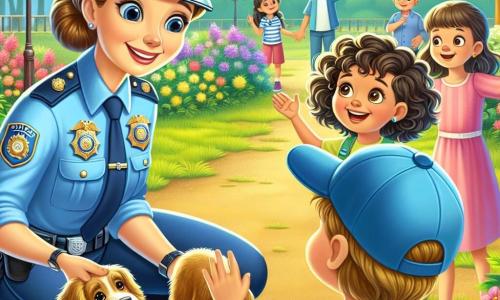 O polițistă zâmbitoare, Ana, este în centrul imaginii. Ea este o femeie de aproximativ treizeci de ani, cu părul brun prins în coc, purtând un uniform albastru deschis și un insigne strălucitor pe piept. Fața ei exprimă determinare și bucurie, în timp ce se apleacă pentru a consola un cățel pierdut, Max, care are blana aurie și ochi strălucitori de fericire. În jurul ei se află mai mulți copii de aproximativ 8 ani. Maria, o fetiță cu părul creț și rochie roz, se apropie cu un zâmbet mare, în timp ce Andrei, un băiat cu ochelari și șapcă albastră, ridică mâna cu entuziasm pentru a pune o întrebare. Se află aproape de polițistă, privindu-i cu admirație scena. Locul este un parc verde, plin de copaci măreți și flori colorate, cu un drum de pietriș care șerpuiește prin el. În depărtare, se văd leagăne și copii jucându-se, adăugând o atmosferă veselă și animată. Situația principală o arată pe Ana eliberându-l pe Max de lesa sa, înconjurată de copii care o încurajează și o observă cu fascinație, ilustrând spiritul de ajutor și camaraderie.
