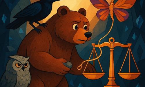 Un giovane orso bruno paffuto, sguardo determinato e leggermente ansioso, pelo texturizzato e occhi tondi lucenti, tiene una piccola pietra liscia in una zampa e tende l'altra verso una grande bilancia rotta; una gazza nera e metallica, piumaggio lucido e sguardo malizioso, è appoggiata sulla spalla destra sbattendo leggermente le ali; una grande falena del crepuscolo dalle ampie ali color tramonto (arancio, viola, dorato) vola davanti alla bilancia tessendo un filo luminoso fra due anelli; un vecchio gufo grigio, piumaggio soffice e sopracciglia folte, è posato su un bordo di pietra a sinistra osservando con seria saggezza; la scena si svolge in una grotta a forma di cuore con pareti scure incastonate di cristalli blu e argento e luce calda che filtra dall'alto; situazione principale: riparazione della grande bilancia su un piedistallo con la catena ricucita da un filo luminoso, atmosfera di tensione placata, composizione geometrica art déco, contrasti netti e colori caldi mischiati a toni freddi.