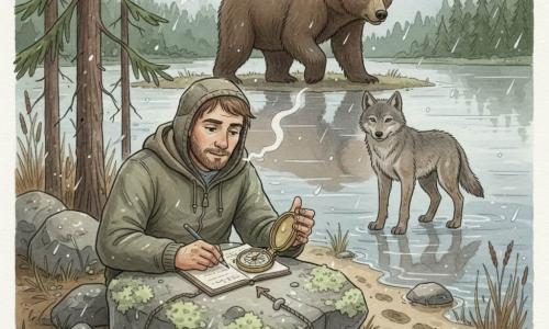 Un explorator à visage barbu court, cheveux bruns sous une cagoule en laine, regard concentré, posture déterminée, pose une vieille boussole sur une pierre plate en forme de dent couverte de lichens et écrit dans un carnet humide au crayon gras; un jeune loup svelte à fourrure grise boueuse observe depuis la rive droite, un grand ours brun massif apparaît en arrière-plan entre les arbres à distance respectueuse; lieu : rivage du Lac Oglindă, eau gris-bleu miroir, roseaux bruns, pierres mouillées, langue de terre étroite; instant précis : l’explorateur marque le cap nord sur la pierre-dinte, vent froid et pluvieux, nuages bas, quelques flocons, traces dans la boue, corde fine tendue et trois petites pierres alignées comme une flèche; palette douce de verts sapin, bruns terre et gris bleuté, touches de blanc pour reflets et souffle, texture papier aquarelle visible et contours soulignés au stylo gel blanc; angle légèrement en plongée, cadrage centré sur l’homme et la pierre montrant le lac et la taïga derrière.