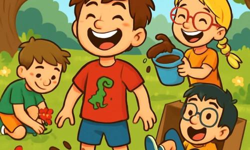 Ein 10-jähriger Junge, Max, mit zerzausten braunen Haaren und einem breiten, schelmischen Lächeln, steht im Mittelpunkt des Bildes und lacht herzhaft. Er trägt ein rotes T-Shirt mit einem Dinosaurier-Motiv und eine blaue Shorts. Neben ihm lacht Lena, ein 10-jähriges Mädchen mit geflochtenen blonden Haaren und rosa Brille, während sie einen Eimer mit Schlamm hält, bereit ihn zu werfen. Ben, ein 10-jähriger Junge mit kastanienbraunen Haaren und einem grünen T-Shirt, sammelt konzentriert, aber amüsiert rote Blumen. Tim, ein 10-jähriger Junge mit schwarzen Haaren und einer großen Brille, ist in einer lustigen Position in einem Karton eingeklemmt, sieht überrascht und lachend aus. Die Szene spielt in einem sonnigen Garten, voller bunter Blumen, großen grünen Bäumen und einem gepflegten Rasen, mit einer kleinen matschigen Fläche, wo die Kinder spielen. Im Hintergrund glitzert ein kleiner Teich in der Sonne. Die Hauptsituation zeigt Max und seine Freunde bei einer Schatzsuche, lachend und spielend im Schlamm, während sie nach einem geheimnisvollen versteckten Schatz suchen.