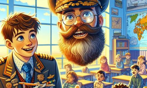 Een man in pilotenuniform, met een grote pet versierd met goud, glimlacht warm. Zijn ogen stralen enthousiasme uit en zijn gezicht heeft een lichte baard. Hij staat voor een vliegtuigmodel en gebaart gepassioneerd terwijl hij de werking van het toestel uitlegt. Naast hem kijkt een 12-jarig jongetje, Kevin, met rommelig bruin haar en een bril, vol bewondering naar de piloot, terwijl hij een klein vliegtuigmodel in zijn handen houdt. Hij staat met grote ogen, verdiept in de uitleg. Een groep kinderen, waaronder een meisje met krullend blond haar, Noor, dat op de grond zit, luistert aandachtig, met gezichten vol nieuwsgierigheid. De scène speelt zich af in een lichte klaslokaal, versierd met vliegtuigposters en luchtkaarten, met ramen die zonlicht binnenlaten. Bureau's staan in een halve cirkel rond de piloot, wat een warme en uitnodigende sfeer creëert. De piloot vertelt een boeiend verhaal over zijn avonturen in de lucht, terwijl de kinderen, gefascineerd, zich de vlucht door de wolken voorstellen.