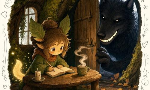 La protagonista es Lía, una pequeña criatura antropomorfa con orejas en forma de hoja y cola luminosa, rostro suave y ojos color miel, expresión serena y valiente, sentada junto a una mesa de madera escribiendo en un cuaderno verde abierto; un personaje secundario importante es el Gran Latón, grande y macizo, pelaje negro texturado, ojos oscuros brillantes y dientes visibles como dos lunas finas, sonrisa amenazante, plantado fuera junto a la puerta con una pata apoyada en la tabla; detalle secundario: una vela vieja apagada en la mesa y una taza de té humeante en el interior, vapor blanco flotando hacia la puerta; el lugar es el interior de una casita baja cubierta de musgo verde, paredes de madera rugosa, ventana estrecha con una rama de romero colgada, luz cálida y rincones sombríos, suelo cubierto de hojas secas; la escena muestra a Lía observando y escribiendo con calma mientras el lobo golpea la puerta, tensión entre la seguridad cálida de la casa y la sombra amenazante afuera.