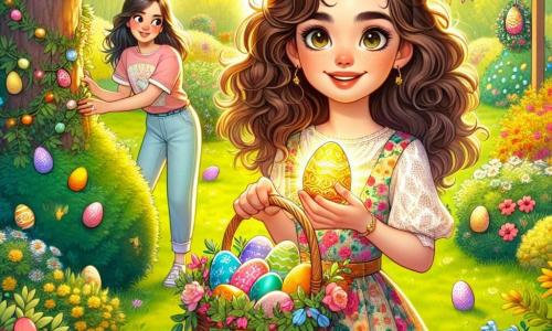 Una niña de 12 años, Lucía, con cabello castaño y rizado, y ojos llenos de curiosidad, está en el centro de un jardín soleado. Lleva un vestido colorido con flores y una gran sonrisa en su rostro, sosteniendo una bonita cesta de mimbre llena de huevos de Pascua decorados. Cerca de ella, su madre, una mujer de unos 35 años con cabello largo y liso, cuelga guirnaldas de flores y mira a Lucía con orgullo y cariño. Ella viste una camiseta pastel y pantalones ligeros, añadiendo alegría a la atmósfera. El jardín es un espacio verde, lleno de flores brillantes, pequeños arbustos y un gran roble majestuoso. Los huevos de Pascua de colores están escondidos bajo los arbustos y en la hierba, creando un ambiente festivo y mágico. Lucía descubre un huevo dorado escondido bajo un arbusto de rosas, su rostro iluminado por la emoción y la sorpresa. Chispas de magia parecen emanar del huevo, mientras una suave brisa hace bailar las flores a su alrededor, sumando a la magia del momento.