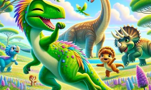 Ein Velociraptor namens Finn mit glänzenden grünen Schuppen und bunten Federn tanzt fröhlich auf einer blühenden Wiese, sein Gesicht strahlt vor Glück und Aufregung. Neben ihm springt Lila, ein kleiner Triceratops mit beiger Haut und drei spitzen Hörnern, lächelnd, während Mais, ein großer Brachiosaurus mit langen Beinen und erhobenem Kopf, sich freundlich zu ihnen herunterbeugt. Die Szene spielt sich auf einer sonnigen Insel ab, umgeben von großen grünen Bäumen und leuchtenden Blumen, unter einem blauen Himmel mit weißen Wolken. Finn und seine Freunde feiern gemeinsam die Magie der Freundschaft, tanzen und lachen unter einem funkelnden Regenbogen, der die Landschaft erhellt.