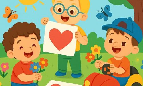 Ci sono 3 personaggi: Luca, un bambino di 3 anni con i capelli ricci castani, che indossa una maglietta rossa e pantaloni blu, seduto sull'erba con dei fiori colorati in mano; Marco, un bambino di 3 anni con capelli biondi e occhiali, vestito con una maglietta gialla e pantaloni verdi, in piedi accanto a Luca mentre mostra un disegno con un grande cuore; Tommaso, un bambino di 3 anni con capelli castani e un cappellino blu, seduto in una bella macchinina, tiene un piccolo mazzo di fiori e sorride felice. La scena si svolge in un giardino incantevole, pieno di fiori di tutti i colori: rosa, giallo, blu e viola, con il sole che splende in un cielo azzurro chiaro e farfalle colorate che volano intorno ai bambini. I tre amici stanno preparando una sorpresa per la festa della mamma, ridendo insieme, circondati da fiori, con un grande disegno colorato sull'erba che mostra un cuore e parole dolci per la mamma.