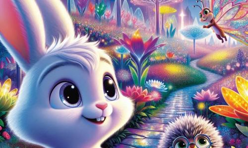 Un giovane coniglio bianco di nome Binky, con grandi orecchie morbide e occhi brillanti di curiosità, si trova al centro di un giardino futuristico, sorridendo meravigliato mentre osserva un magnifico giardino pieno di fiori giganti dai colori vivaci e scintillanti. Accanto a lui, una elegante farfalla dalle ali scintillanti, la signora Farfalla, vola gioiosamente, mostrando un sorriso radioso mentre lo incoraggia a esplorare questo mondo magico. Un po' più in là, un riccio dal pelo arruffato e occhiali rotondi, il signor Riccio, osserva la scena con orgoglio, le braccia incrociate, sorridendo soddisfatto. Il giardino è illuminato, con piante luminescenti che cambiano colore, sentieri di pietre brillanti e alberi dalle forme strane che sembrano danzare al ritmo del vento. La scena principale mostra Binky mentre crea un magnifico spettacolo di fiori e colori, meravigliato dal potere della sua immaginazione, mentre i suoi amici lo incoraggiano a sognare ancora più in grande.