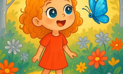 Una bambina di 6 anni, Lila, con grandi occhi brillanti come stelle e capelli ricci dorati, si trova nel mezzo di un giardino magico. Il suo viso irradia meraviglia e curiosità mentre guarda intorno a sé, affascinata dai fiori argentati che danzano dolcemente nella brezza. Accanto a lei, una farfalla blu, con ali scintillanti, vola in cerchi gioiosi, come se la invitasse a seguirla. Il giardino è illuminato da una dolce luce dorata, con sentieri di piccoli ciottoli luminosi che si snodano tra alberi dai tronchi argentati e fiori dai colori vivaci. Lila, meravigliata, si prepara a fare un passo avanti, pronta a esplorare questo mondo incantevole dove tutto sembra possibile.