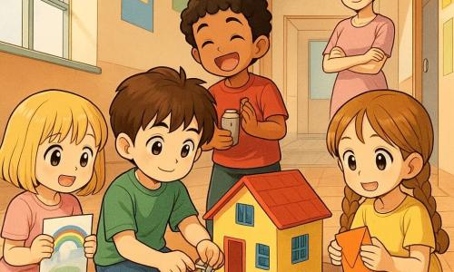 Un bambino di 6 anni, Matteo, volto rotondo e capelli castani spettinati, sorriso timido ma concentrato, mani piccole: tiene un piccolo cacciavite argentato e ripara una ruota su una casetta in miniatura posta su un ampio gradino interno; una bimba, Lucia (5‑6 anni), capelli castano chiaro in trecce, occhi vivaci, seduta sul bordo del gradino, piega una porta di carta colorata a destra di Matteo; un bambino, Gianni (5‑6 anni), capelli neri e ricci, allegro, conta le parti picchiettando una scatola, in piedi dietro Matteo; una bimba, Sara (5‑6 anni), capelli biondi a caschetto, accovacciata a sinistra, sorride sollevata tenendo dei disegni per evitare che cadano; la maestra Giulia, donna adulta con i capelli raccolti in uno chignon e vestito pastello, osserva dolcemente sullo sfondo vicino a una porta socchiusa; luogo: corridoio scolastico luminoso con un ampio gradino tra due livelli, pavimento a piastrelle calde, panchine basse, poster colorati alle pareti, leggero odore di colla e carta, luce morbida filtrata da una finestra alta; situazione: i bambini assemblano una casetta di gioco sul gradino, Matteo ripara una ruota mentre gli altri aiutano piegando carta, tenendo disegni e cantando, atmosfera cooperativa con gesti attenti e colori vivaci di carta, tessuto e legno.