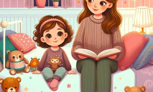 Una niña de 1 año, con grandes ojos curiosos y cabello rizado castaño, está sentada en su cama, rodeada de peluches coloridos. Tiene una ligera sonrisa, pero sus cejas están fruncidas, mostrando una mezcla de curiosidad y aprensión ante la oscuridad. A su lado, su mamá, una mujer de unos 30 años con cabello largo y liso, está sentada al borde de la cama, sosteniendo un libro abierto. Lleva un suéter suave y reconfortante, y su rostro expresa ternura y aliento. La escena tiene lugar en una habitación infantil cálida, con paredes pintadas en tonos pastel, estrellas luminosas pegadas al techo y una alfombra suave en el suelo. La luz tenue de una lámpara de noche proyecta sombras suaves, creando una atmósfera reconfortante y misteriosa. Lía, un poco dudosa, mira a su mamá con esperanza mientras leen juntas un cuento sobre una estrella que brilla en la noche, ilustrando la magia de superar el miedo a la oscuridad.
