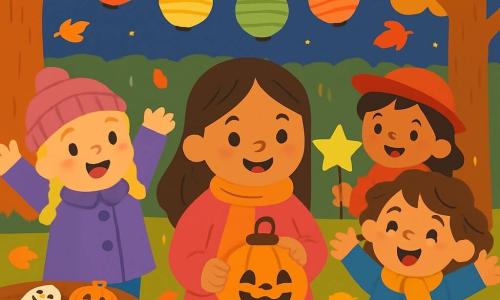 Er zijn 4 kinderen: - Noor: een 4-jarig meisje met lang bruin haar en sprankelende ogen. Ze draagt een roze jas en een oranje sjaal. Ze staat in het midden, glimlachend, met een pompoenlamp in haar handen. - Lila: een 4-jarig meisje met blonde vlechten en roze wangen. Ze draagt een paarse jas en een wollen muts. Ze staat links van Noor, met opgeheven armen van enthousiasme. - Zoë: een 4-jarig meisje met krullend kastanjebruin haar en een grote glimlach. Ze draagt een blauwe jas en een gele sjaal. Ze staat rechts van Noor, springend van blijdschap. - Mila: een 4-jarig meisje met zwart haar en glanzende ogen. Ze draagt een rode jas en een vilten hoed. Ze staat achter Noor, met een sterlamp in haar handen, kijkend naar de anderen met bewondering. De locatie is een mooie herfsttuin, vol met gouden en rode bladeren die van de bomen vallen. Op de achtergrond omringt een goed gesnoeide groene haag de tuin, en kleurrijke lampions hangen aan de takken, die alles verlichten met een zachte gloed. Een kleine houten tafel is versierd met koekjes in de vorm van spoken en pompoenen. De hoofdscène toont de vier kinderen die de tuin voor Halloween versieren. Ze hangen kleurrijke lampions op terwijl ze lachen en plezier hebben, wat een vrolijke en feestelijke sfeer creëert. De sterren schitteren aan de nachtelijke hemel, wat een magische toets geeft aan deze scène van vriendschap en creativiteit.