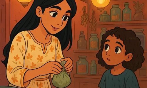Lila, a young woman with ebony black hair, is sitting behind a wooden counter, her face illuminated by the golden light of hanging lamps. She has sparkling, curious eyes and a gentle yet determined expression. Dressed in a light floral dress, her delicate hands hold a small pouch of herbs. Next to her, a small girl of about eight, with curly hair and bright eyes, looks at Lila with hope. She is wearing a simple dress soaked by the rain, and her empty hands reflect her urgent need for help. The setting is a small shop filled with colorful jars, dried herbs, and flowers, with warm-colored walls. Blown glass lamps cast a warm light, creating a magical and welcoming atmosphere. The main scene shows Lila preparing a potion for the little girl, who has asked for help for her sick brother. Lila leans in attentively, mixing herbs while listening to the girl, as the soft light of the shop illuminates their hopeful interaction.